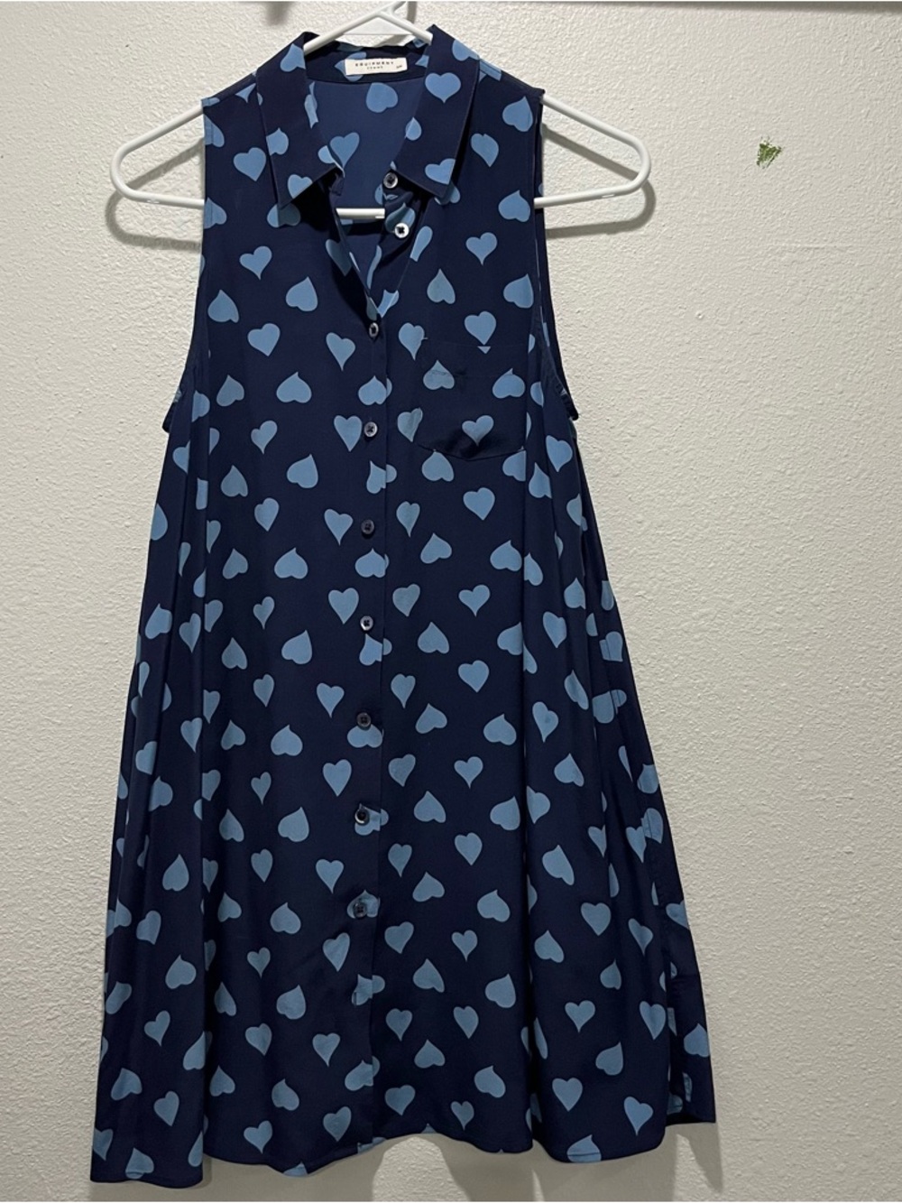 Equipment Navy silk dress with Light Blue Heart Print